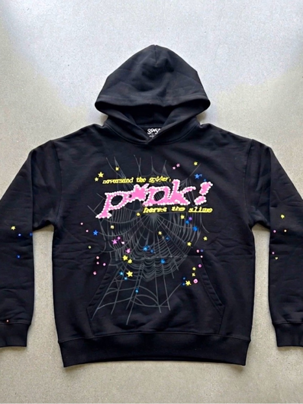 Black Graphic Crewneck Hoodie with Pink Script and Multicolor Star Accents